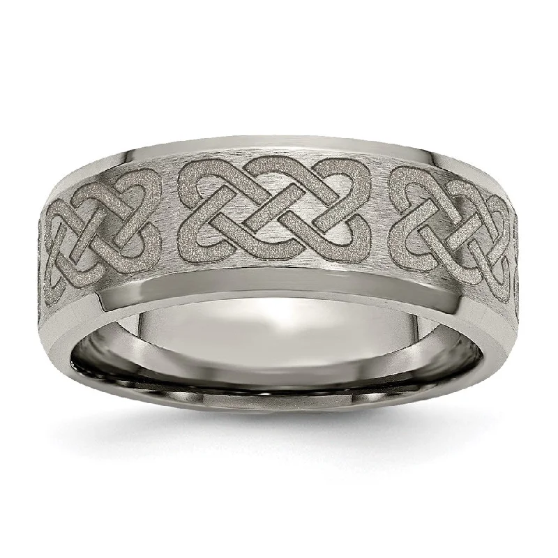 Make Every Moment Shine – Jewelry Discounts Available 8mm Titanium Laser Etched Celtic Design Beveled Edge Standard Fit Band