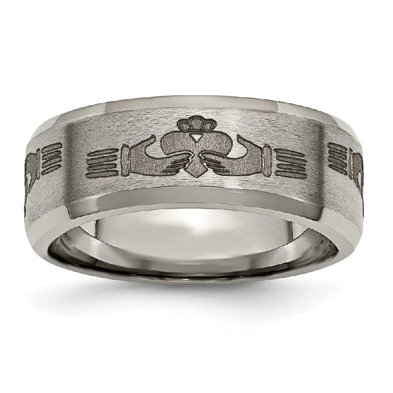 Celebrate With Sparkle – Jewelry Sale Now Live 8mm Titanium Laser Etched Claddagh Beveled Standard Fit Band Celebrate With Sparkle – Jewelry Sale Now Live 8mm Titanium Laser Etched Claddagh Beveled Standard Fit Band