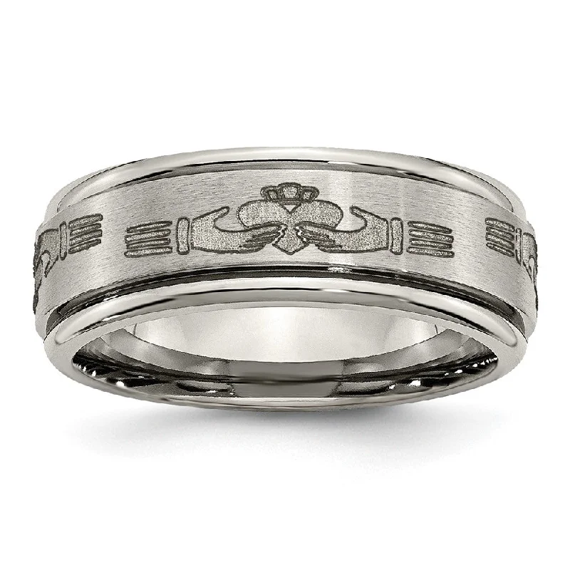 Get Your Favorite Jewelry At The Best Price 8mm Titanium Laser Etched Claddagh Grooved Edge Standard Fit Band Get Your Favorite Jewelry At The Best Price 8mm Titanium Laser Etched Claddagh Grooved Edge Standard Fit Band
