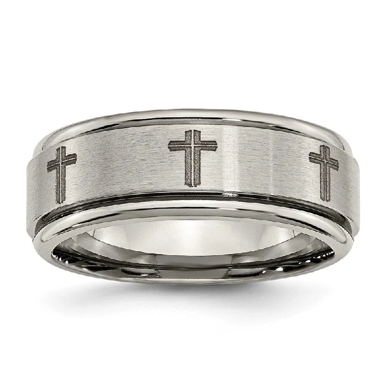 Elegant Jewelry Styles At Budget-Friendly Prices 8mm Titanium Laser Etched Cross Grooved Edge Standard Fit Band Elegant Jewelry Styles At Budget-Friendly Prices 8mm Titanium Laser Etched Cross Grooved Edge Standard Fit Band
