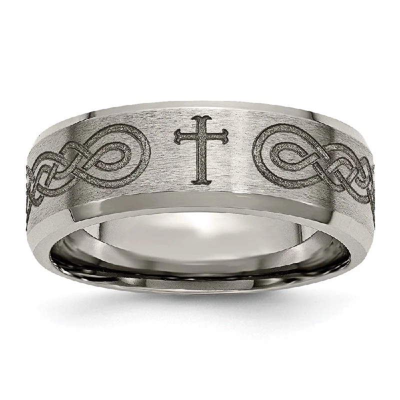 Exclusive Jewelry Sale Event – Shop Now 8mm Titanium Laser Etched Cross & Scroll Beveled Standard Fit Band