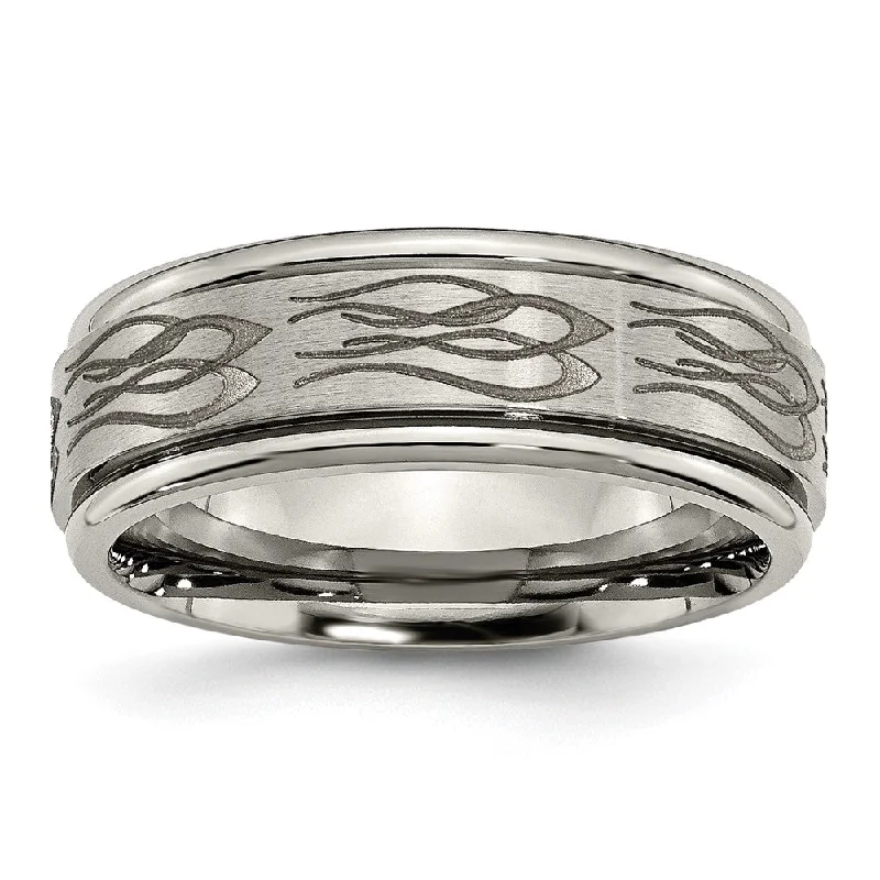 Save On Luxury Jewelry Pieces – Limited-Time Offers 8mm Titanium Laser Etched Flames Grooved Edge Standard Fit Band Save On Luxury Jewelry Pieces – Limited-Time Offers 8mm Titanium Laser Etched Flames Grooved Edge Standard Fit Band