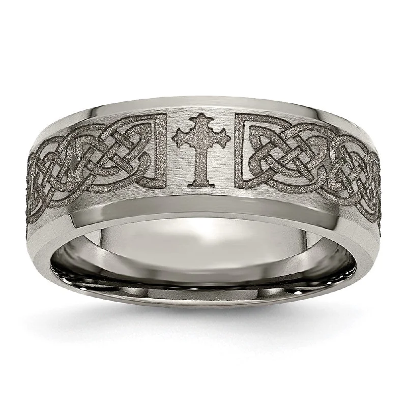 Shop Jewelry That Shines Without The High Price 8mm Titanium Lasered Celtic Cross Beveled Edge Standard Fit Band Shop Jewelry That Shines Without The High Price 8mm Titanium Lasered Celtic Cross Beveled Edge Standard Fit Band