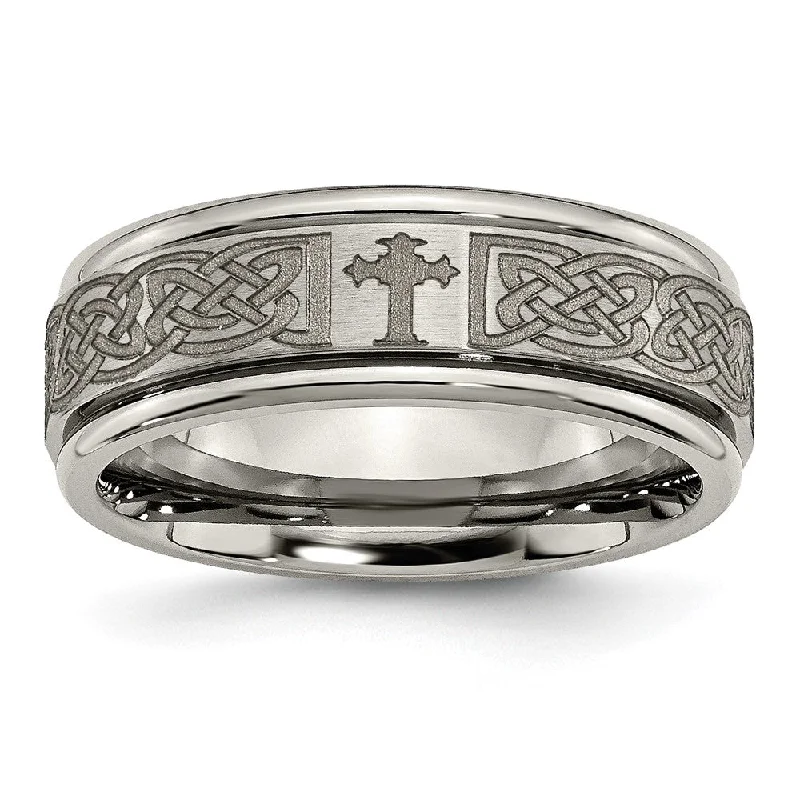 Elegant Jewelry, Affordable Luxury – Shop Now 8mm Titanium Lasered Celtic Cross Grooved Edge Standard Fit Band Elegant Jewelry, Affordable Luxury – Shop Now 8mm Titanium Lasered Celtic Cross Grooved Edge Standard Fit Band