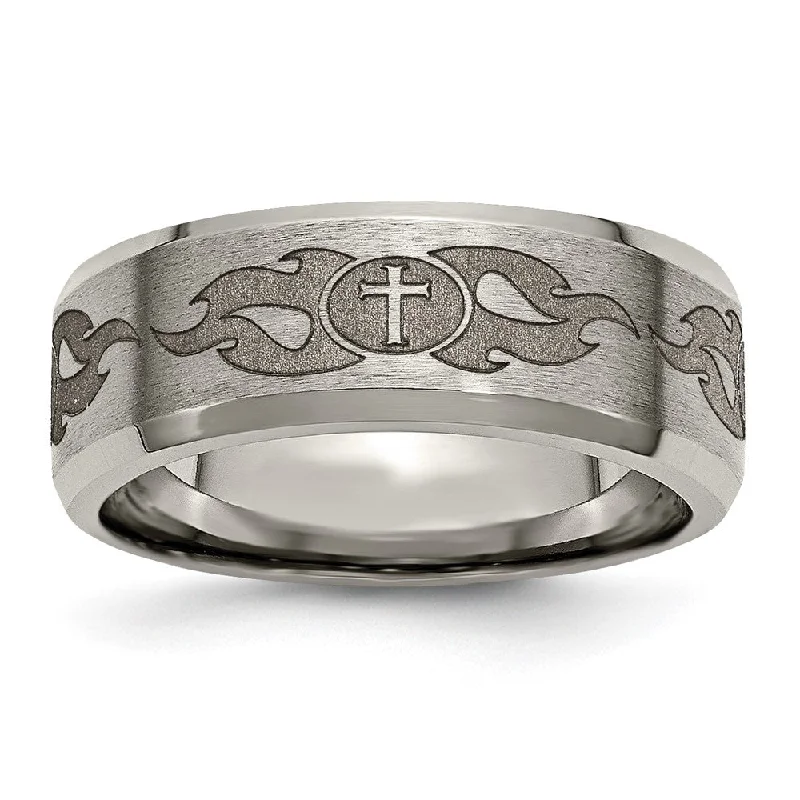 Get Ready To Sparkle – Special Jewelry Discounts 8mm Titanium Lasered Cross & Flame Beveled Edge Standard Fit Band Get Ready To Sparkle – Special Jewelry Discounts 8mm Titanium Lasered Cross & Flame Beveled Edge Standard Fit Band