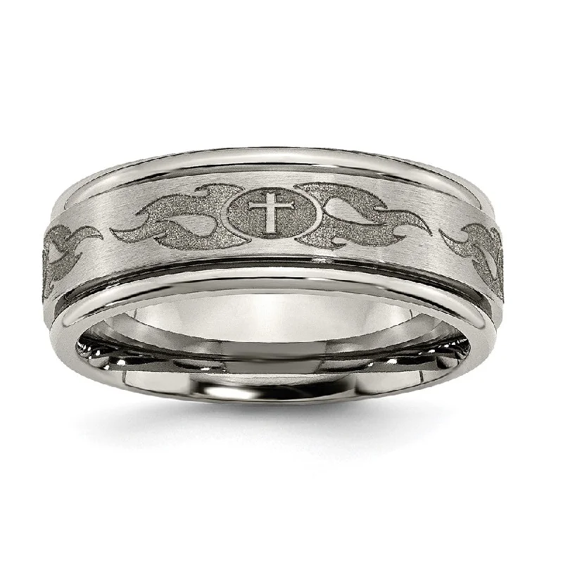 The Biggest Jewelry Sale Of The Year Is Here 8mm Titanium Lasered Cross & Flame Grooved Edge Standard Fit Band The Biggest Jewelry Sale Of The Year Is Here 8mm Titanium Lasered Cross & Flame Grooved Edge Standard Fit Band