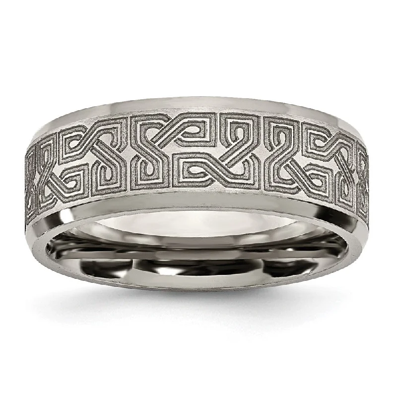 Timeless Beauty, Unbeatable Deals – Jewelry Sale On 8mm Titanium Lasered Greek Key Beveled Edge Standard Fit Band Timeless Beauty, Unbeatable Deals – Jewelry Sale On 8mm Titanium Lasered Greek Key Beveled Edge Standard Fit Band