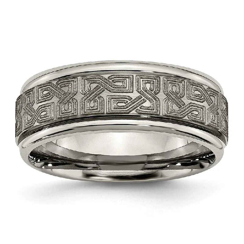 Flash Deals On Fine Jewelry – Shop Before It's Gone 8mm Titanium Lasered Greek Key Grooved Edge Standard Fit Band Flash Deals On Fine Jewelry – Shop Before It's Gone 8mm Titanium Lasered Greek Key Grooved Edge Standard Fit Band