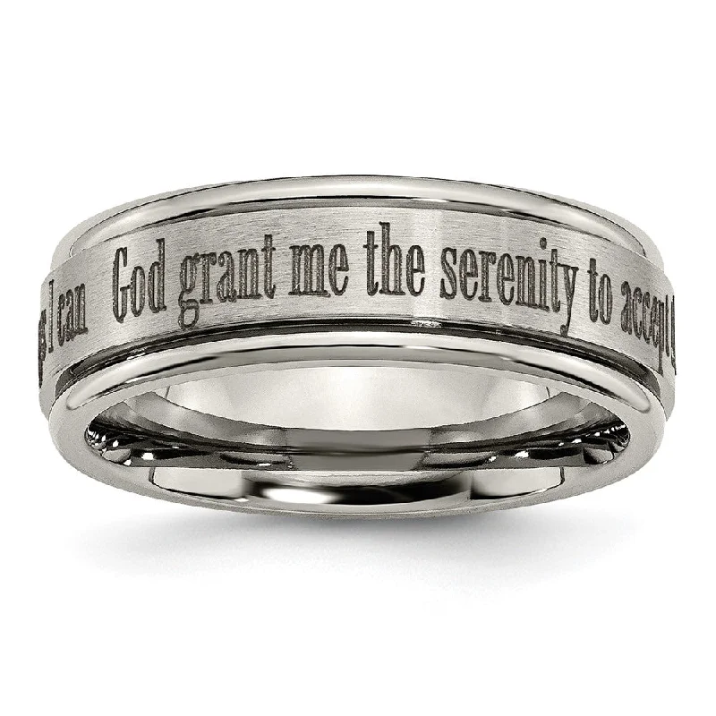 Make Your Outfit Shine With Discounted Jewelry 8mm Titanium Lasered Serenity Prayer Grooved Edge Standard Fit Band Make Your Outfit Shine With Discounted Jewelry 8mm Titanium Lasered Serenity Prayer Grooved Edge Standard Fit Band