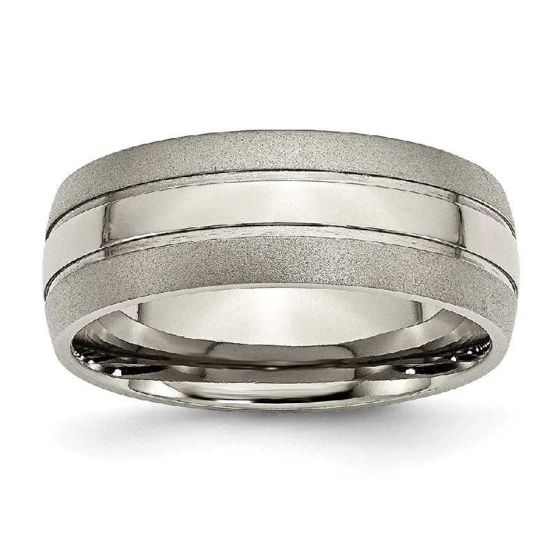Grab Exquisite Jewelry At The Lowest Prices 8mm Titanium Polished & Satin Grooved Standard Fit Band Grab Exquisite Jewelry At The Lowest Prices 8mm Titanium Polished & Satin Grooved Standard Fit Band