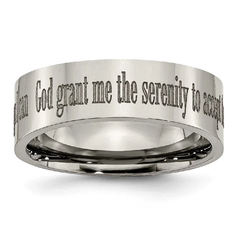 Big Discounts On Elegant Jewelry Collections 8mm Titanium Polished Serenity Prayer Flat Standard Fit Band Big Discounts On Elegant Jewelry Collections 8mm Titanium Polished Serenity Prayer Flat Standard Fit Band