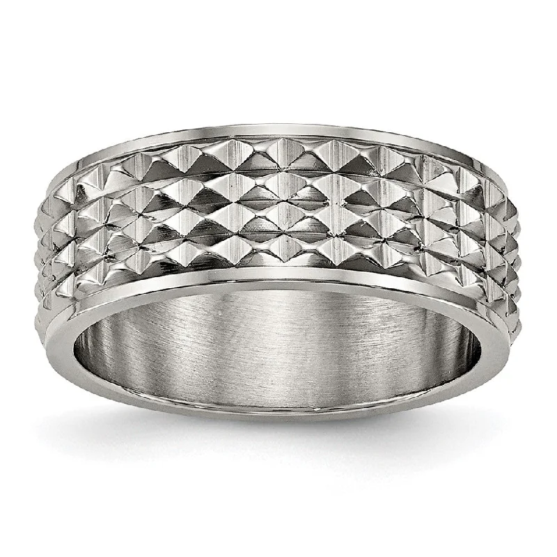 Timeless Elegance At Unbelievable Discounts 8mm Titanium Polished Studded Ridged Edge Standard Fit Band Timeless Elegance At Unbelievable Discounts 8mm Titanium Polished Studded Ridged Edge Standard Fit Band