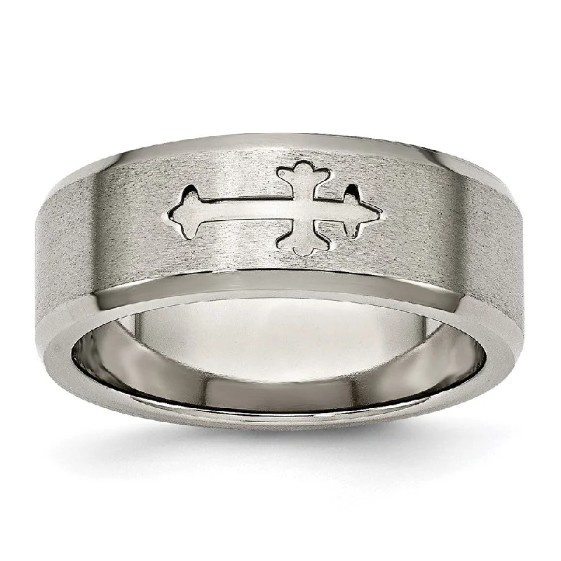 Shop Fine Jewelry With Amazing Deals 8mm Titanium Recessed Cross Beveled Edge Standard Fit Band Shop Fine Jewelry With Amazing Deals 8mm Titanium Recessed Cross Beveled Edge Standard Fit Band