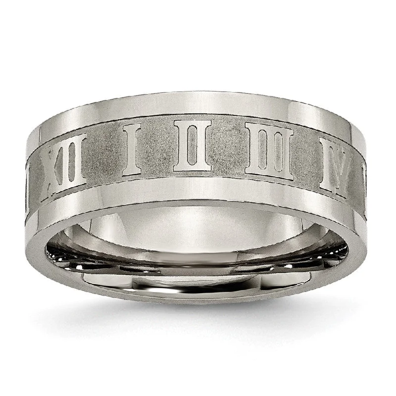 Must-Have Jewelry Pieces At Reduced Prices 8mm Titanium Satin Center Roman Numerals Flat Standard Fit Band Must-Have Jewelry Pieces At Reduced Prices 8mm Titanium Satin Center Roman Numerals Flat Standard Fit Band