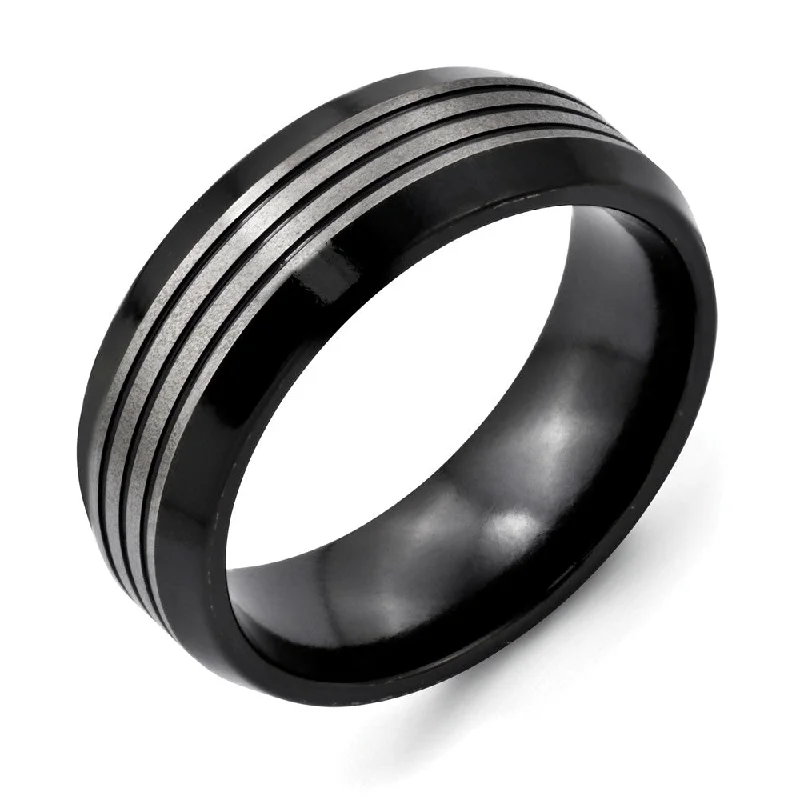 Don't Miss Out On Jaw-Dropping Jewelry Discounts 8mm Two-Tone Striped Beveled Edge Band in Black Titanium Don't Miss Out On Jaw-Dropping Jewelry Discounts 8mm Two-Tone Striped Beveled Edge Band in Black Titanium