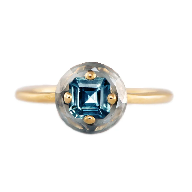 Bestselling Jewelry At Special Promotional Rates Diamond Sphere Ring with Asscher Cut Teal Sapphire - OOAK Bestselling Jewelry At Special Promotional Rates Diamond Sphere Ring with Asscher Cut Teal Sapphire - OOAK