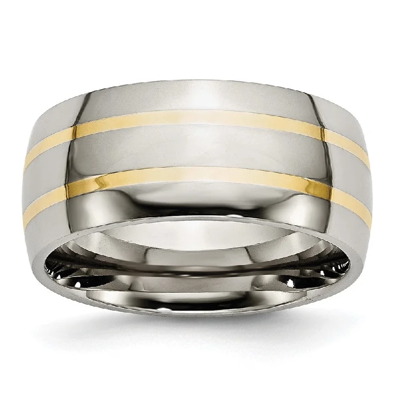 Stunning Jewelry Pieces At The Lowest Prices Ever Men's 10mm Titanium & 14k Gold Inlay Polished Domed Band Stunning Jewelry Pieces At The Lowest Prices Ever Men's 10mm Titanium & 14k Gold Inlay Polished Domed Band
