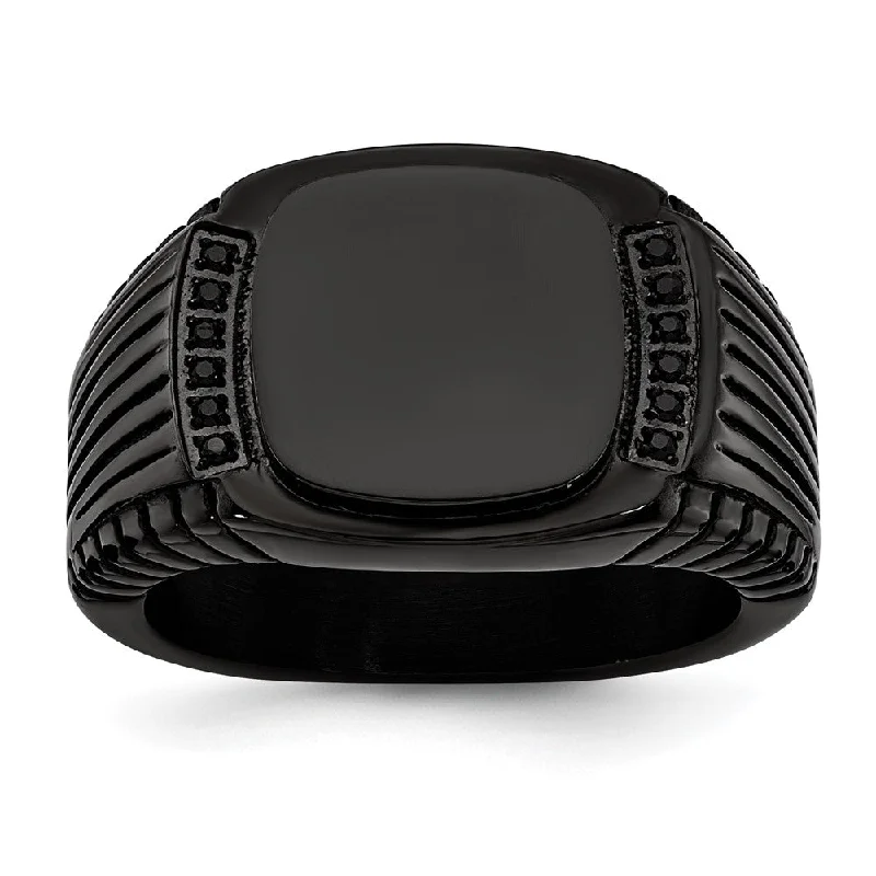 Final Call For Exquisite Jewelry At Reduced Rates Men's 12mm Black Plated Stainless Steel & Black CZ Signet Tapered Ring Final Call For Exquisite Jewelry At Reduced Rates Men's 12mm Black Plated Stainless Steel & Black CZ Signet Tapered Ring