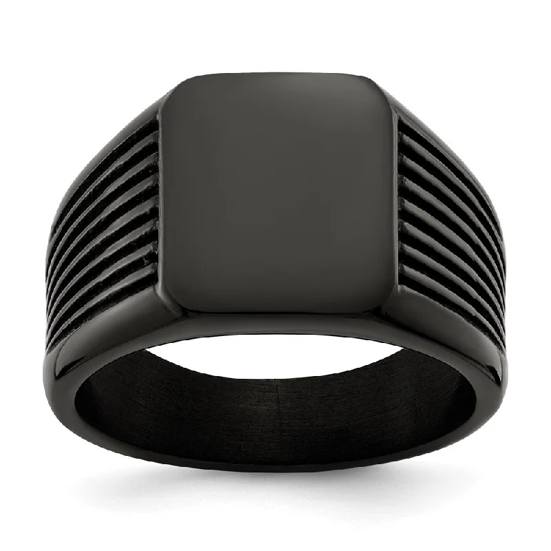 Dazzle In Elegance With Our Biggest Jewelry Sale Men's 13mm Black Plated Stainless Steel Grooved Tapered Signet Ring Dazzle In Elegance With Our Biggest Jewelry Sale Men's 13mm Black Plated Stainless Steel Grooved Tapered Signet Ring