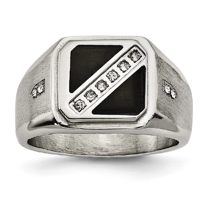 Bold And Beautiful Jewelry Now At Irresistible Prices Men's 13mm Stainless Steel Black Enamel & CZ Tapered Ring Bold And Beautiful Jewelry Now At Irresistible Prices Men's 13mm Stainless Steel Black Enamel & CZ Tapered Ring