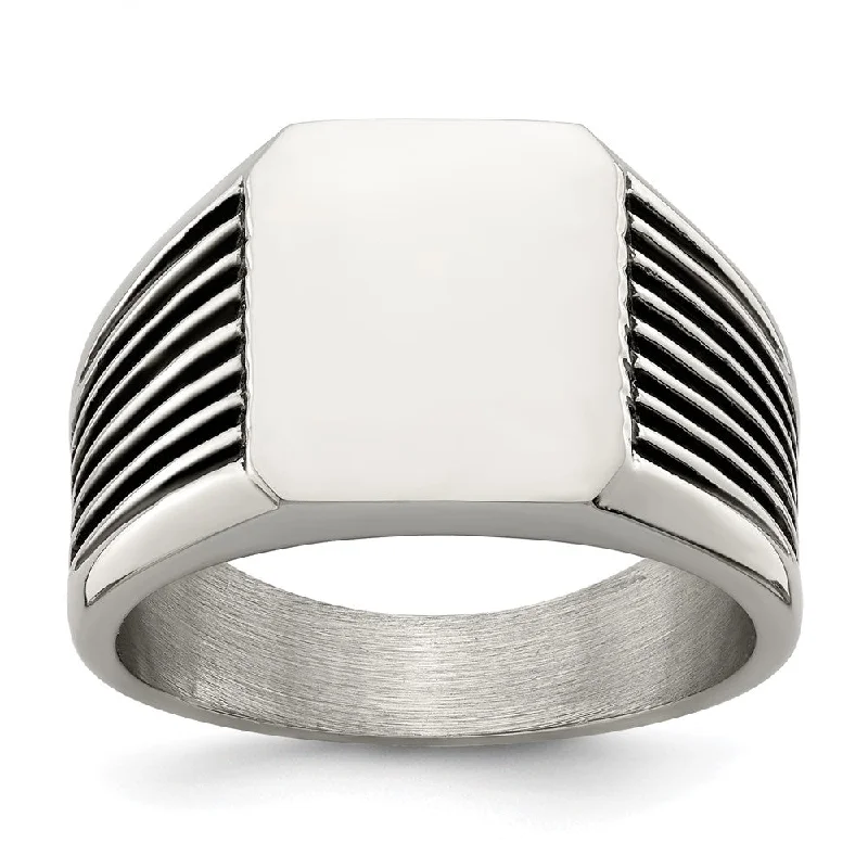Fashion-Forward Jewelry At Exclusive Discounts Men's 13mm Stainless Steel & Black Enamel Grooved Tapered Signet Ring Fashion-Forward Jewelry At Exclusive Discounts Men's 13mm Stainless Steel & Black Enamel Grooved Tapered Signet Ring