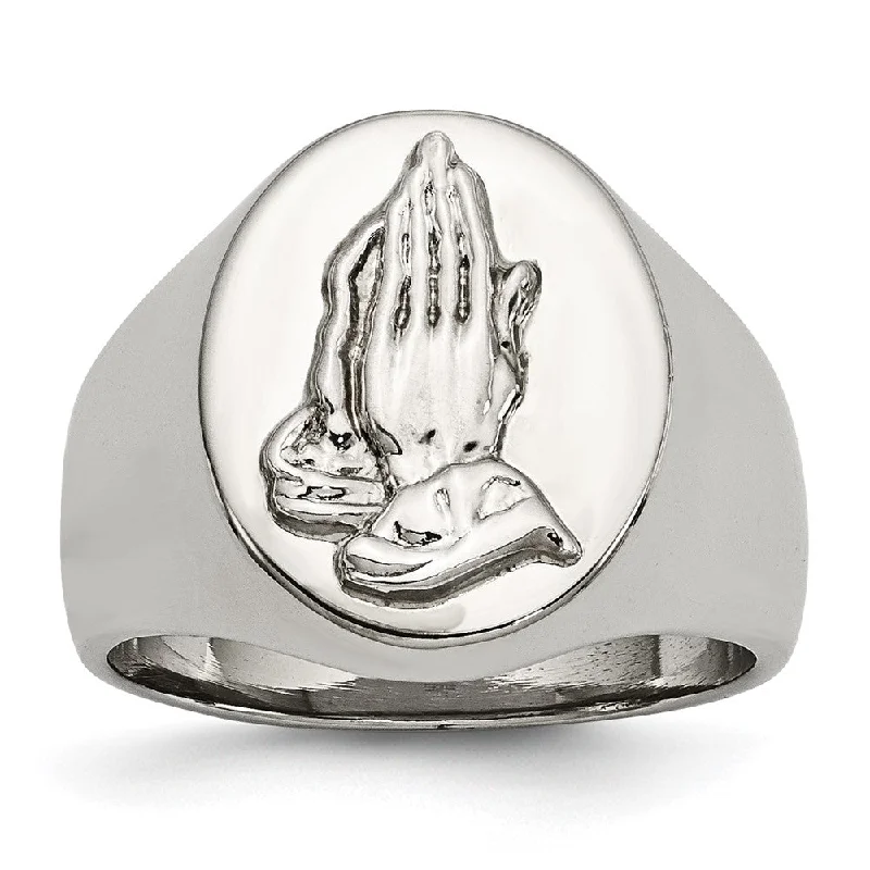 Shine Bright With Our Special Jewelry Promotions Men's 17mm Stainless Steel & Sterling Silver Praying Hands Ring Shine Bright With Our Special Jewelry Promotions Men's 17mm Stainless Steel & Sterling Silver Praying Hands Ring