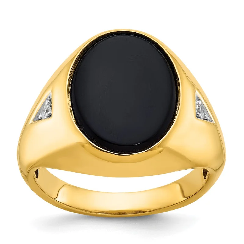 Flash Sale On Stunning Jewelry – Limited Stock Available Men's 18mm 14K Yellow Gold Oval Onyx & 1/15 Ctw Diamond Tapered Ring Flash Sale On Stunning Jewelry – Limited Stock Available Men's 18mm 14K Yellow Gold Oval Onyx & 1/15 Ctw Diamond Tapered Ring