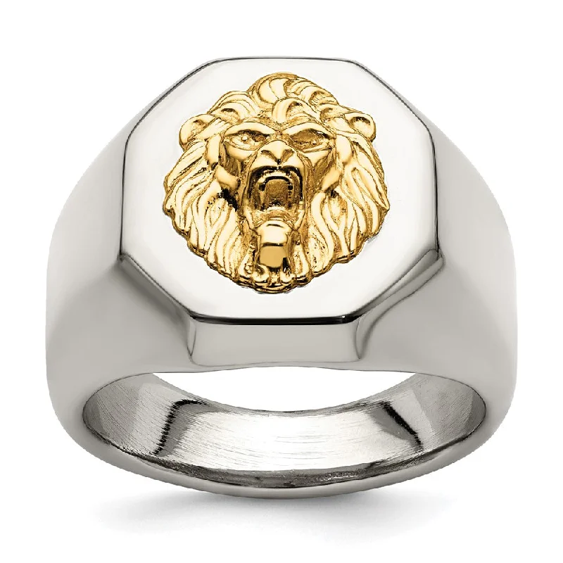 Affordable Elegance – Premium Jewelry At Special Prices Men's 18mm Stainless Steel & 14K Gold Accent Lion Head Tapered Ring Affordable Elegance – Premium Jewelry At Special Prices Men's 18mm Stainless Steel & 14K Gold Accent Lion Head Tapered Ring