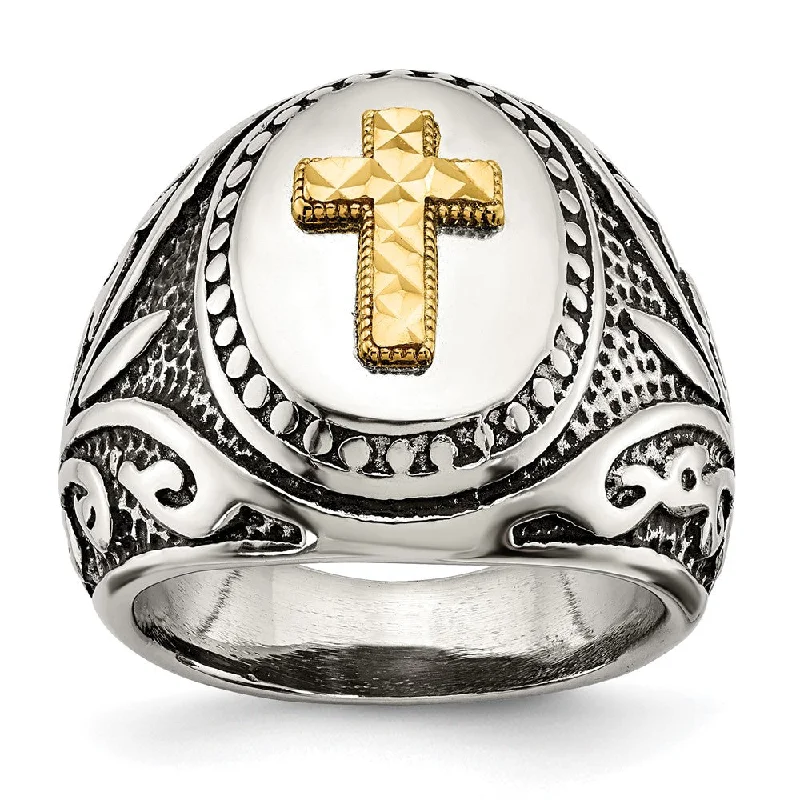 Chic And Stylish Jewelry At Discounted Prices Men's 19.8mm Stainless Steel w/14K Gold Accent Cross Tapered Ring Chic And Stylish Jewelry At Discounted Prices Men's 19.8mm Stainless Steel w/14K Gold Accent Cross Tapered Ring