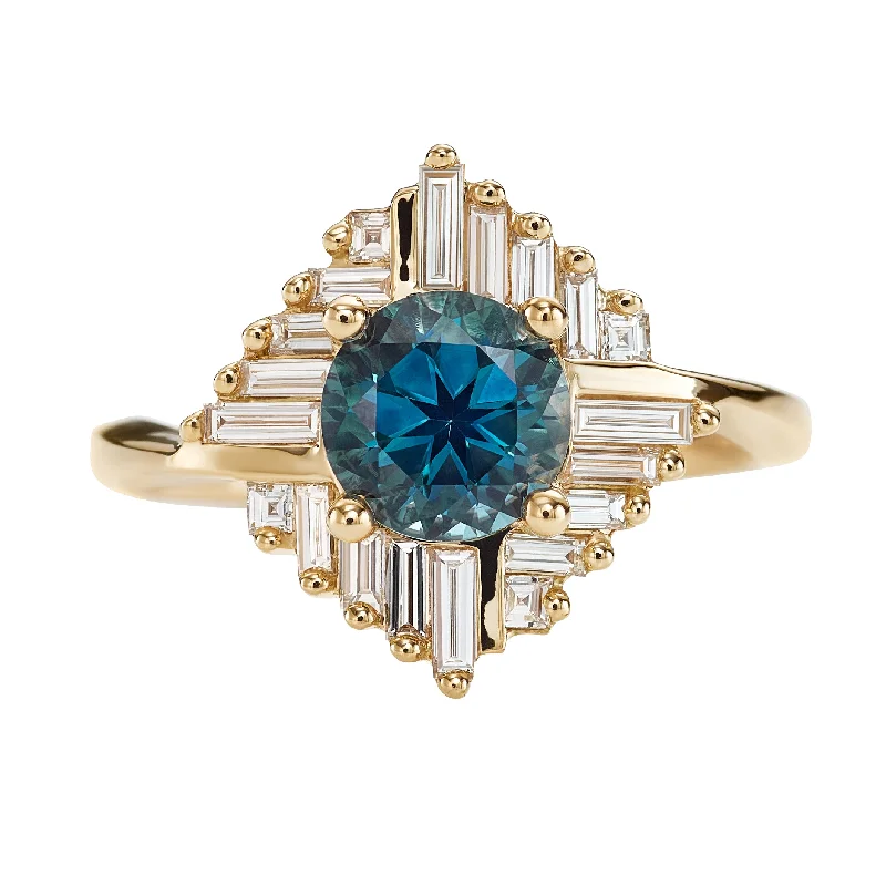 Shop Jewelry That Shines Without The High Price Teal Sapphire "Oasis" Engagement ring with Geometric Baguette Diamonds Shop Jewelry That Shines Without The High Price Teal Sapphire "Oasis" Engagement ring with Geometric Baguette Diamonds