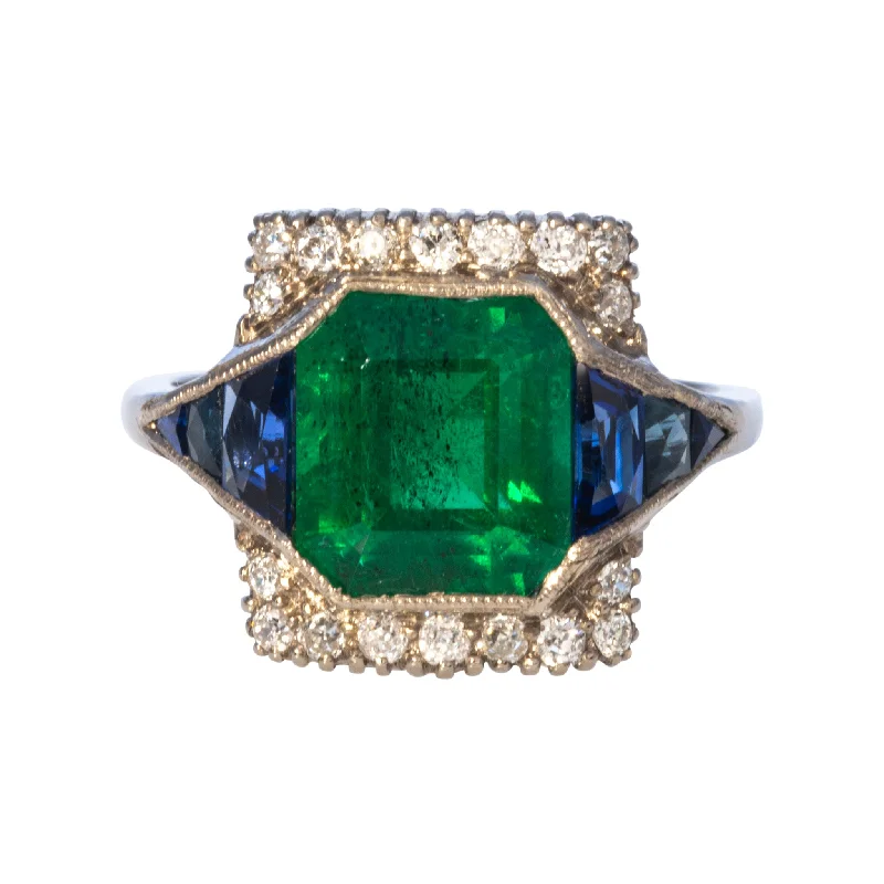 Stunning Statement Jewelry, Unbeatable Discounts Art Deco Emerald, Sapphire & Diamond 18K Gold Ring