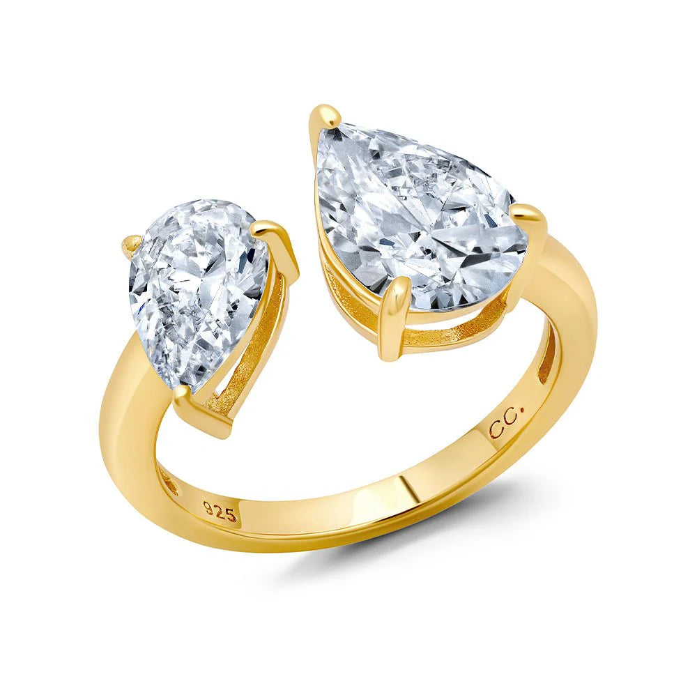 Personalized Jewelry At Special Discount Rates CRISLU  Up and Down Pear Cut Open Ring  in 18k Yellow Gold Finish
