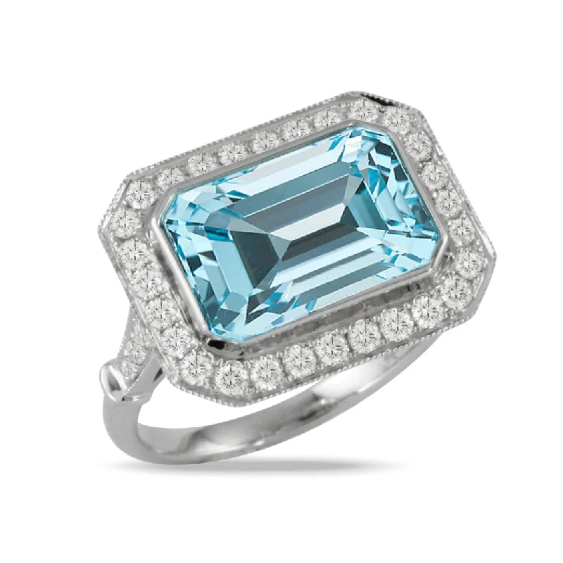 Exclusive Jewelry Sale Event – Shop Now Emerald-Cut Blue Topaz & Diamond Milgrain 18K White Gold Ring