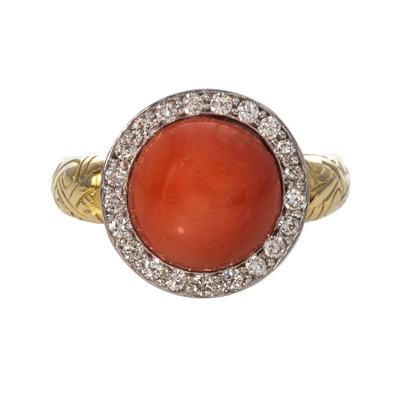 Make Your Outfit Shine With Discounted Jewelry Estate Coral & Diamond Halo 18K Gold Two Tone Ring