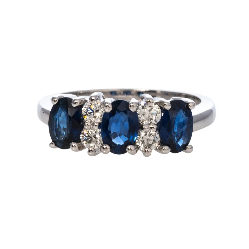 Elevate Your Outfit With Discounted Statement Jewelry Three-Stone Oval Sapphire & Diamond 14K White Gold Ring
