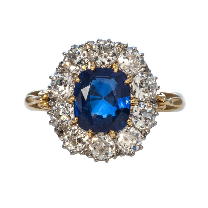 Don't Miss Our Biggest Jewelry Sale Of The Season Victorian Style 1.98ct Cushion Sapphire & Diamond Cluster Ring