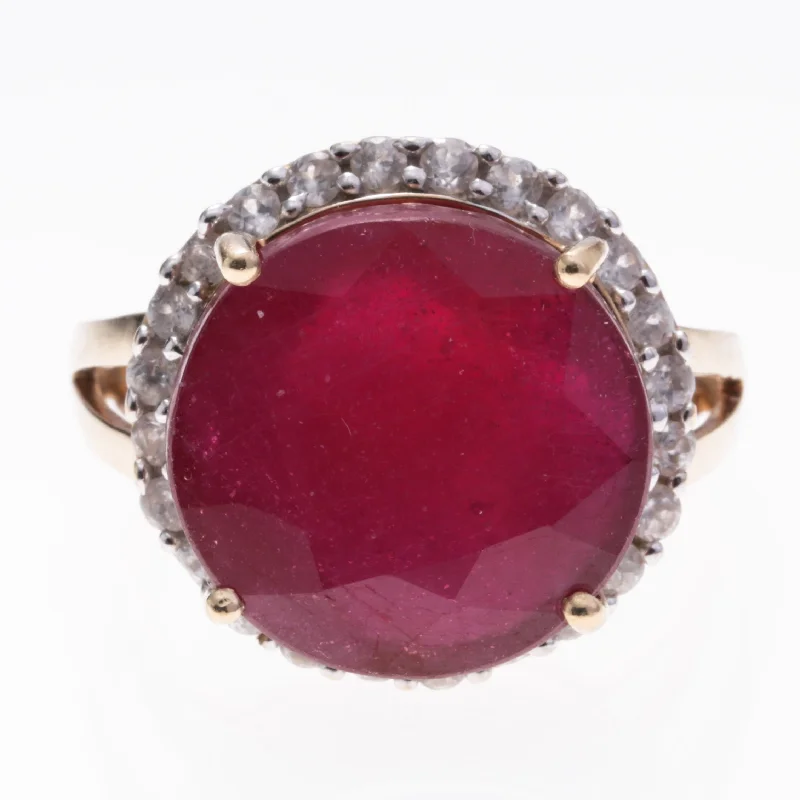 Trendy Minimalist Jewelry For Everyday Wear 10K Yellow Gold Synthetic Ruby and White Topaz Ring | 11.35ct, 0.23ctw | SZ 6.75 Trendy Minimalist Jewelry For Everyday Wear 10K Yellow Gold Synthetic Ruby and White Topaz Ring | 11.35ct, 0.23ctw | SZ 6.75