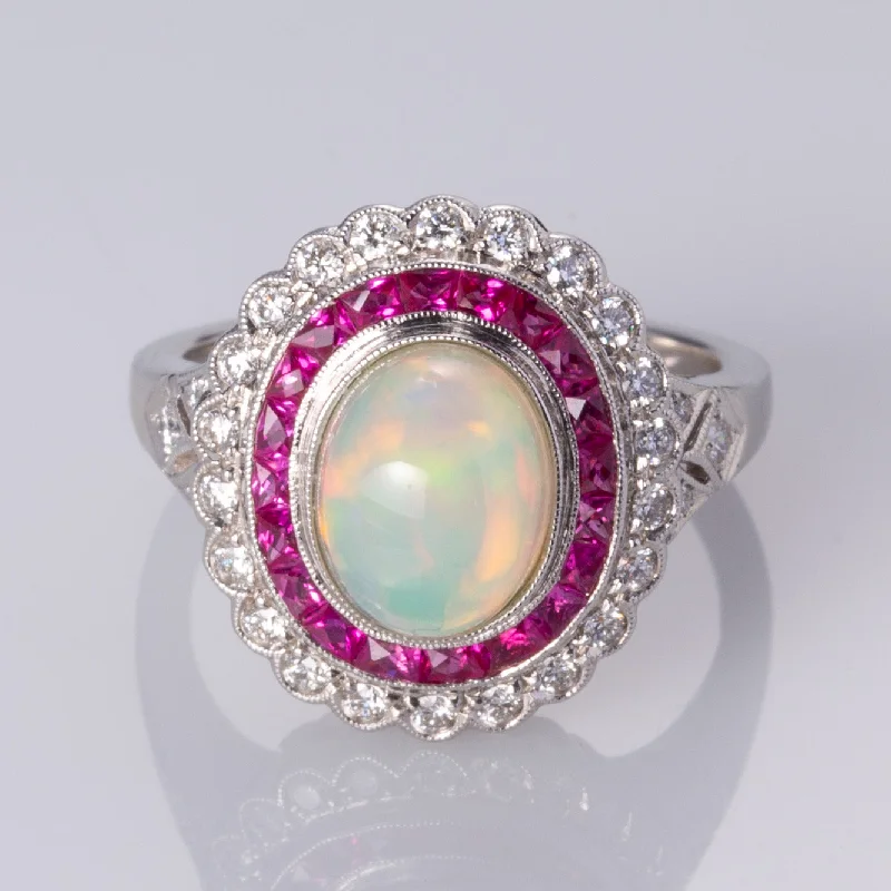Fine Jewelry, Limited-Time Offers Available 18K White Gold White Opal, Ruby and Diamond Ring | 1.80 ct, 1.0ctw, 0.34 ctw | SZ 6.5 | Fine Jewelry, Limited-Time Offers Available 18K White Gold White Opal, Ruby and Diamond Ring | 1.80 ct, 1.0ctw, 0.34 ctw | SZ 6.5 |