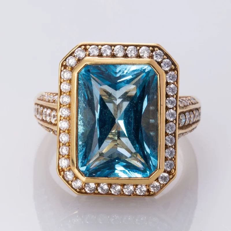 Shop Jewelry That Shines Without The High Price 18K Yellow Gold Blue Topaz and Diamond Cocktail Ring | 8.18 ctw, 1.16 ctw | SZ 6 | Shop Jewelry That Shines Without The High Price 18K Yellow Gold Blue Topaz and Diamond Cocktail Ring | 8.18 ctw, 1.16 ctw | SZ 6 |