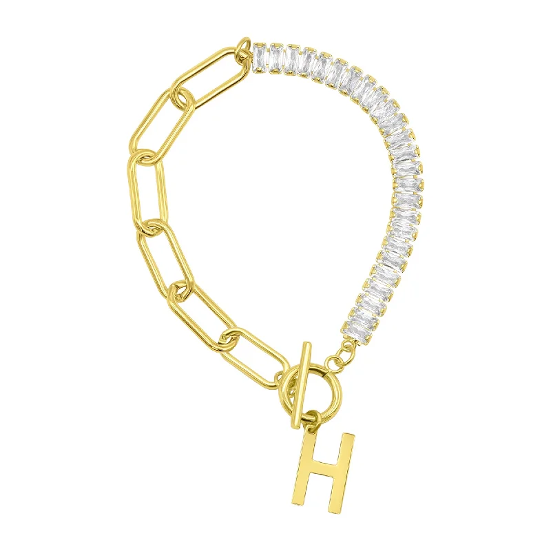 Chic, Trendy, And Affordable Jewelry Sale 14 Gold Plated Half Crystal And Half Paperclip Initial Toggle Bracelet Chic, Trendy, And Affordable Jewelry Sale 14 Gold Plated Half Crystal And Half Paperclip Initial Toggle Bracelet