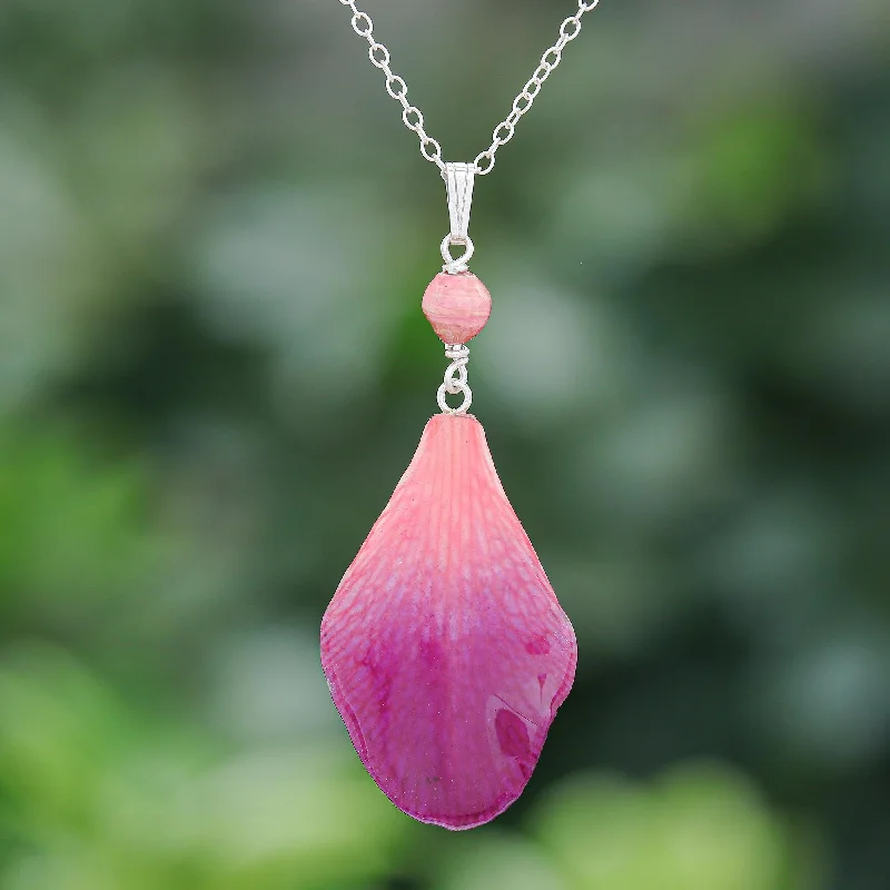 Don't Miss Out – Shop Elegant Jewelry For Less Bloom Basket in Fuchsia Resin-Coated Orchid Petal Pendant Necklace Don't Miss Out – Shop Elegant Jewelry For Less Bloom Basket in Fuchsia Resin-Coated Orchid Petal Pendant Necklace