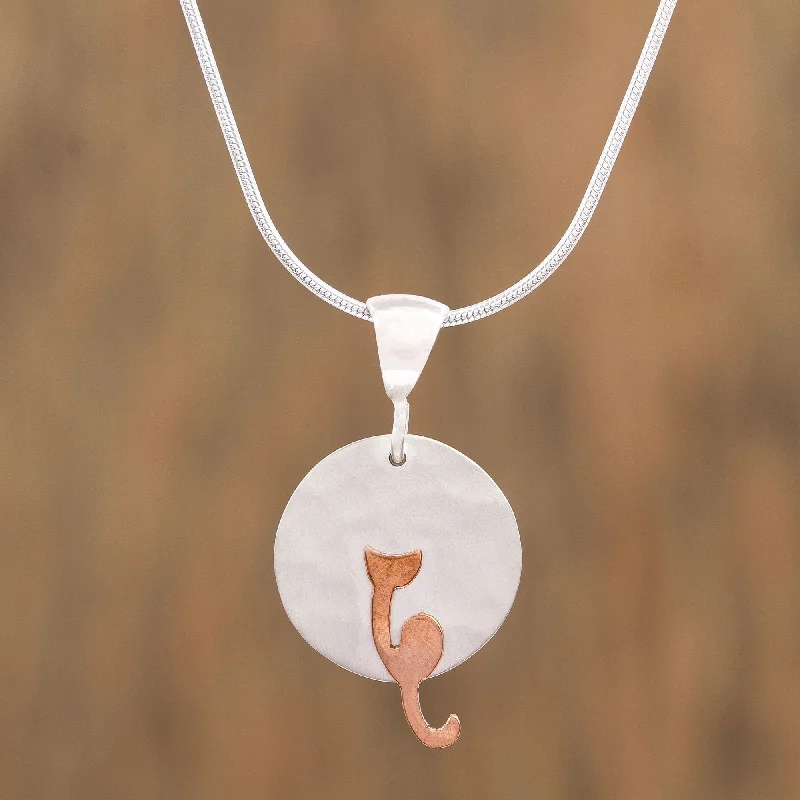 Elevate Your Outfit With Discounted Statement Jewelry Lunar Cat Sterling Silver and Copper Cat Pendant Necklace from Mexico Elevate Your Outfit With Discounted Statement Jewelry Lunar Cat Sterling Silver and Copper Cat Pendant Necklace from Mexico