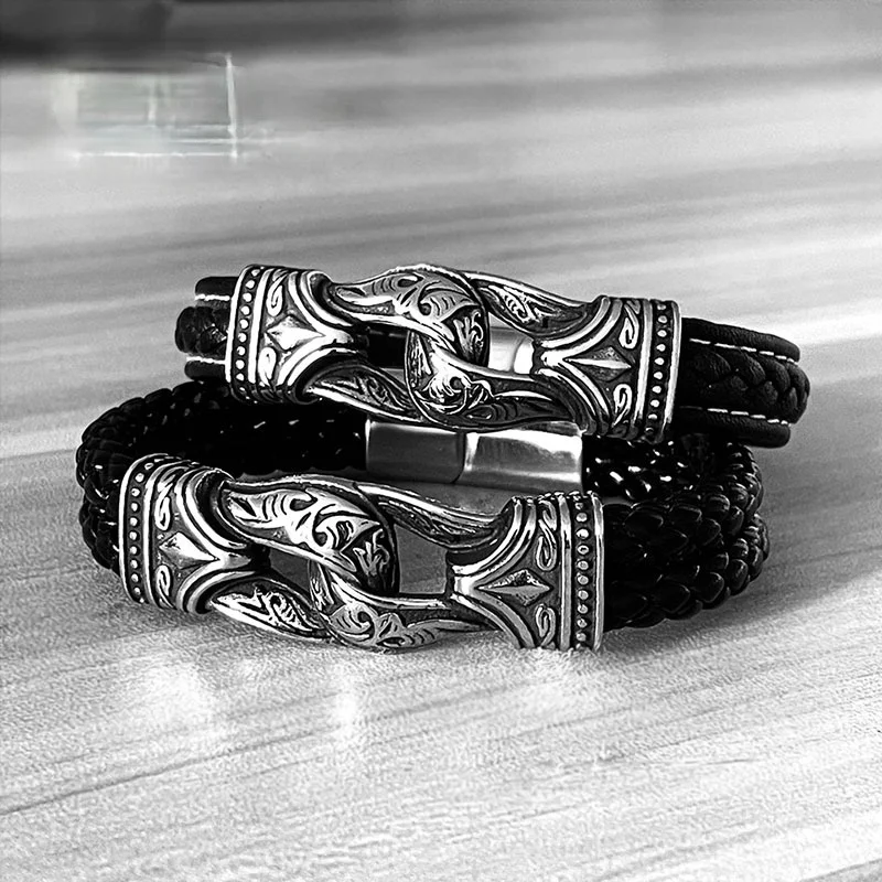 Shop Fine Jewelry With Exclusive Savings Men's Punk Carved Leather Black Bracelet
