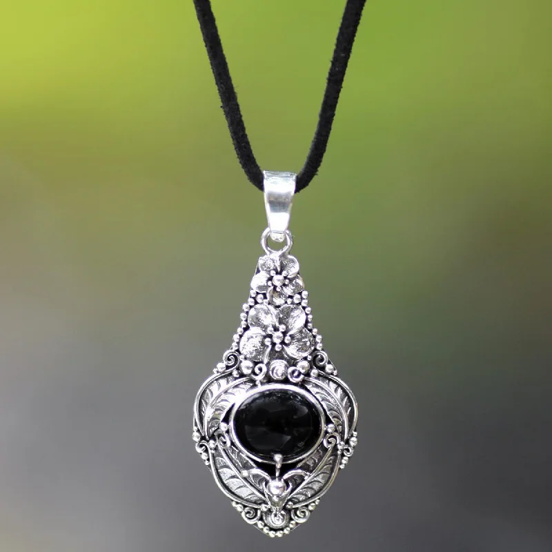 Delicate Crystal Jewelry For Sophisticated Charm Midnight Garden Floral Sterling Silver and Onyx Necklace Delicate Crystal Jewelry For Sophisticated Charm Midnight Garden Floral Sterling Silver and Onyx Necklace