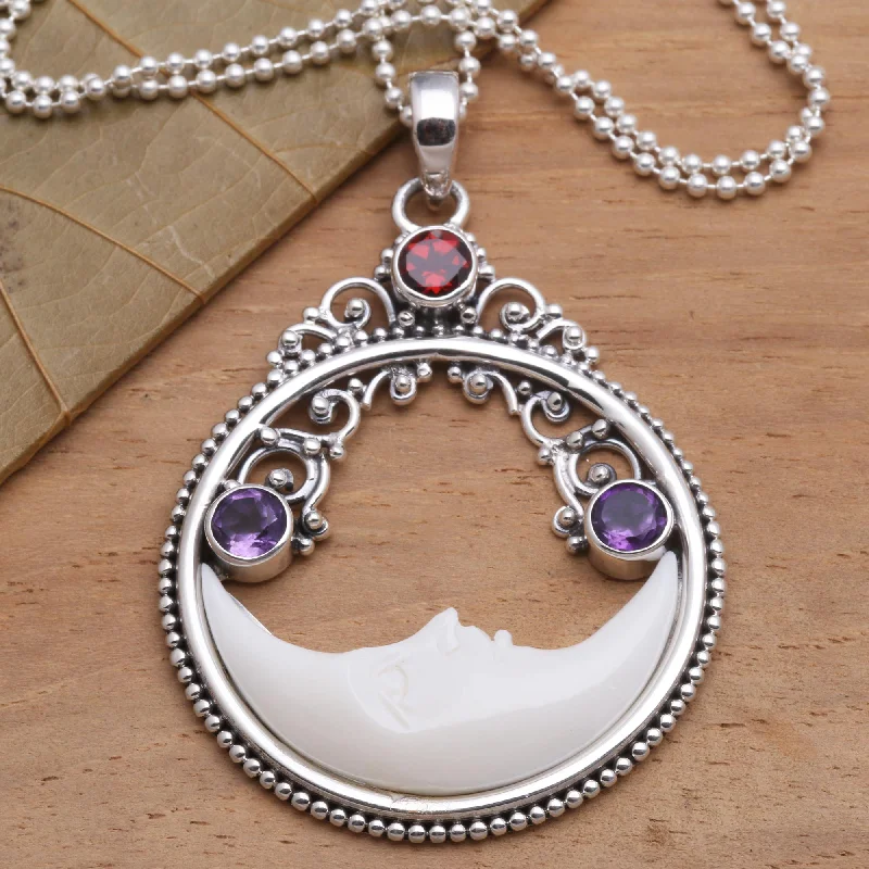 High-Quality Gemstone Jewelry For Special Occasions Peaceful Evening Moon Pendant Necklace with Amethyst and Garnet High-Quality Gemstone Jewelry For Special Occasions Peaceful Evening Moon Pendant Necklace with Amethyst and Garnet