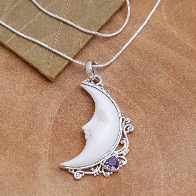 Stunning Statement Jewelry, Unbeatable Discounts Resting Moon Amethyst and Bone Crescent Moon Pendant Necklace from Bali Stunning Statement Jewelry, Unbeatable Discounts Resting Moon Amethyst and Bone Crescent Moon Pendant Necklace from Bali