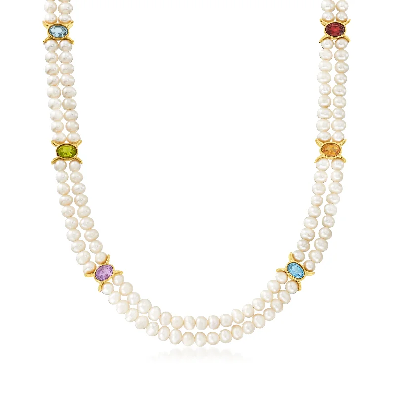 Elegant Rose Gold Jewelry For A Stylish Touch Ross-Simons 4.5-5.5mm Cultured Pearl 2-Strand Necklace With Multi-Gemstones in 18kt Gold Over Sterling Elegant Rose Gold Jewelry For A Stylish Touch Ross-Simons 4.5-5.5mm Cultured Pearl 2-Strand Necklace With Multi-Gemstones in 18kt Gold Over Sterling