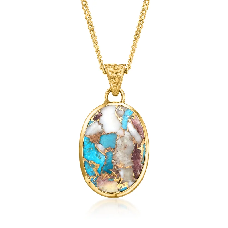Buy More, Save More – Special Jewelry Discounts Ross-Simons Oval Kingman Turquoise Pendant Necklace in 18kt Gold Over Sterling Buy More, Save More – Special Jewelry Discounts Ross-Simons Oval Kingman Turquoise Pendant Necklace in 18kt Gold Over Sterling