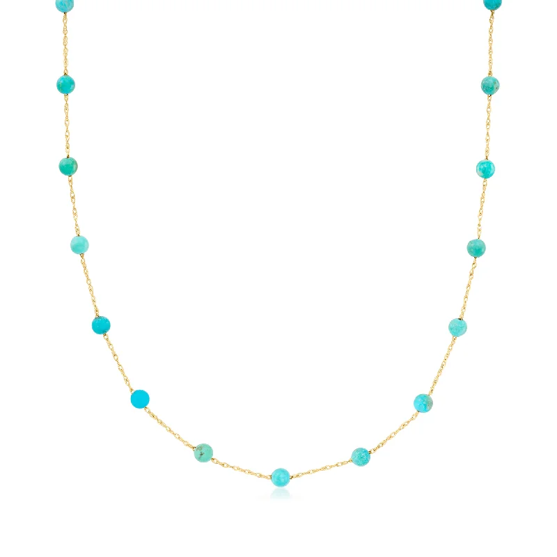 Shop Signature Jewelry Styles At Exclusive Prices RS Pure by Ross-Simons 3-3.5mm Turquoise Bead Station Necklace in 14kt Yellow Gold Shop Signature Jewelry Styles At Exclusive Prices RS Pure by Ross-Simons 3-3.5mm Turquoise Bead Station Necklace in 14kt Yellow Gold