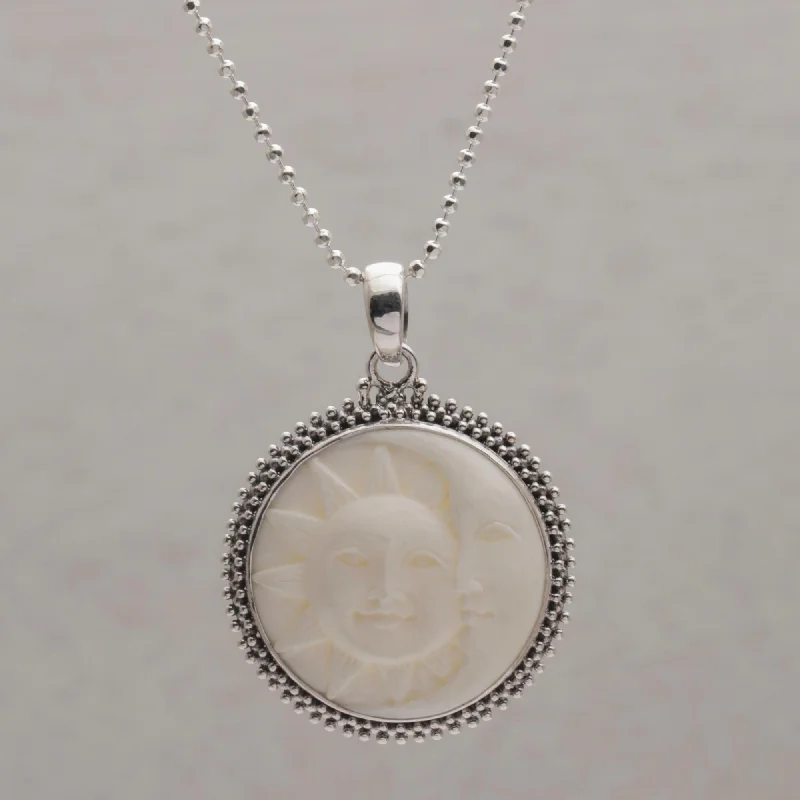 Modern Statement Jewelry For Bold Styling Stellar Lovers Sterling Silver and Bone Sun and Moon Necklace from Bali Modern Statement Jewelry For Bold Styling Stellar Lovers Sterling Silver and Bone Sun and Moon Necklace from Bali